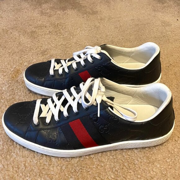 Gucci Web Accent Leather Sneakers - Navy (Size 9) - Picture 1 of 8